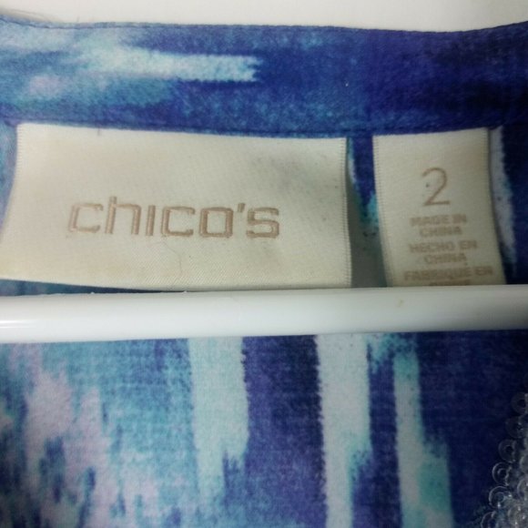 Chicos Floral Watercolor Asymmetrical Sheer Blouse High Low Size 2 Large Blue - Picture 3 of 7